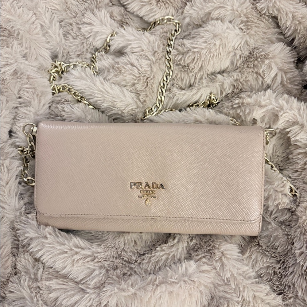 Authentic, Prada Saffiano Clutch Wallet on Chain - Cameo​​